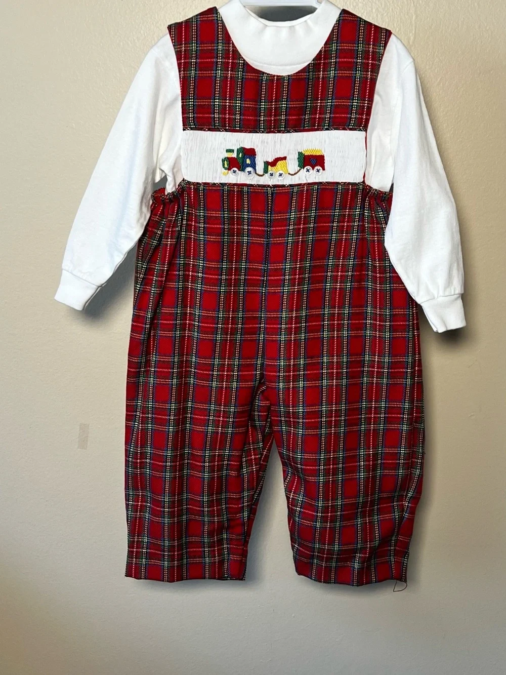 Vintage Classic Red Tarten Plaid Smocked Kids Romper with Train Embroidery
